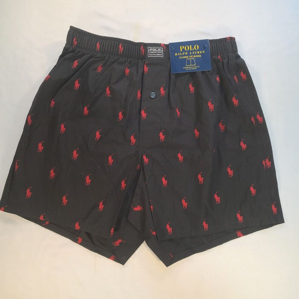Polo Ralph Lauren Men's Small Classic Fit Boxer Shorts Black Red Pony Print